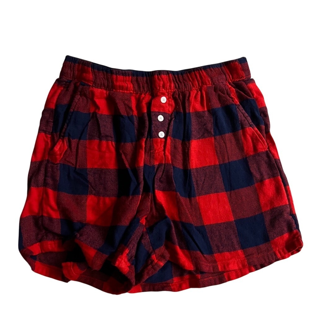 Aerie Red Navy Buffalo Plaid Flannel Pajama Shorts Checked Out Waistband XS